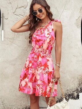 One Shoulder Boho Floral Dress Elastic Waist Tiered Ruffle Flowy Mini Dress